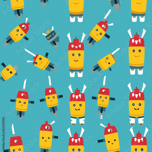 A pattern of yellow robots with red hats and red noses photo