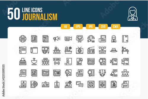 Set of 50 Journalism Line Icons . Line Collection. Editable Stroke. Vector Icons