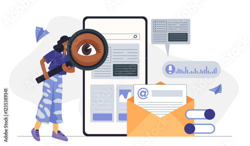 Content filling concept. Woman with magnifying glass evaluates articles and pictures on smartphone screen. SMM and SEO specialist fills website page with content. Flat vector illustration