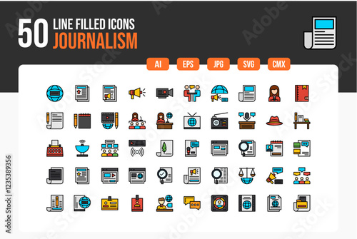 Set of 50 Journalism Line Filled Icons . Line Collection. Editable Stroke. Vector Icons