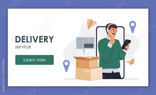 Delivery service poster. Man in headphones with smartphone. Logistics and shipping, transportation. Businessman organizing logistics. Landing page design. Flat vector illustration