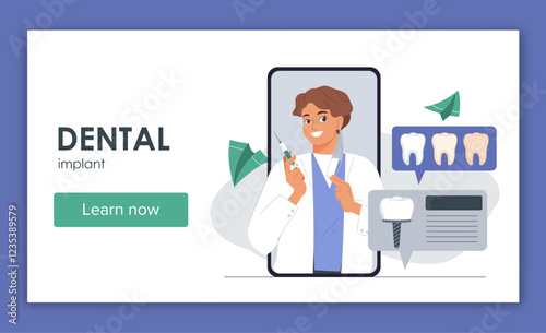 Dental implant poster. Woman in medical uniform with dentures. Healthcare and medicine. Dentistry and stomatology. Bite correction. Landing page design. Flat vector illustration