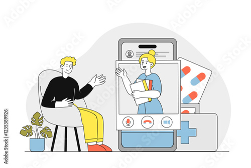 Doctor online consultation. Man communicates with woman in medical uniform on Internet. Healthcare and medicine. Diagnosis and treatment. Doctor and patient. Linear vector illustration