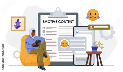 Emotive content creation. Man with smartphone near messages with emoji. Blogger and content creator writes articles. SMM specialist leads account on social networks. Flat vector illustration