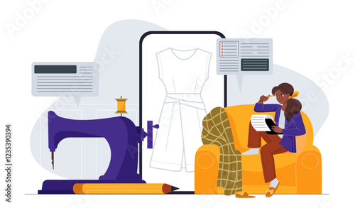 Fashion designer woman. Young girl near sewing machine and piece of fabric. Seamstress and atelier, tailor in workplace or studio. Handmade and handicraft clothes. Flat vector illustration