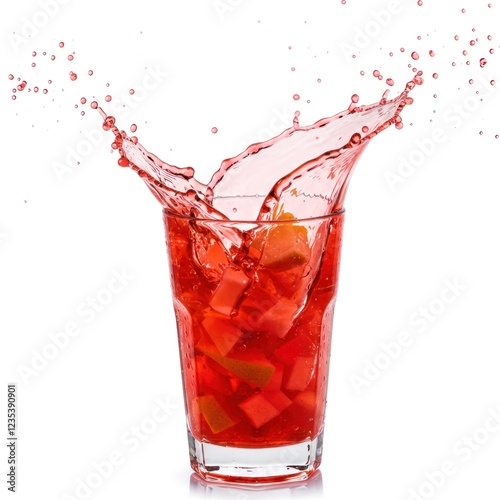 Red fruit drink splash; ice cubes; summer refreshment; white background; advertising photo