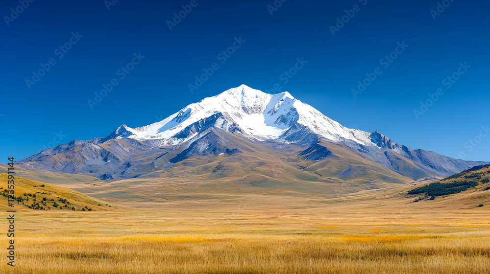 Obraz premium Snow-capped mountain peak rises majestically above a vast golden steppe under a clear blue sky.