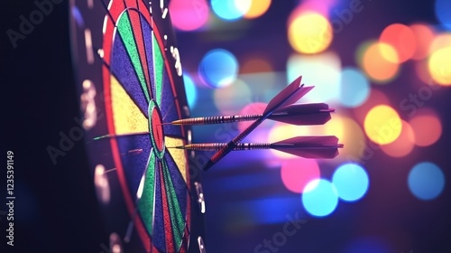 Bullseye: Three Darts Hitting the Center of a Dartboard in a Festive Atmosphere