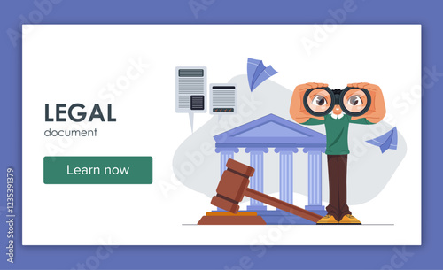 Legal document poster. Man with binoculars near judges gavel and courthouse. Judgment and justice. Attorney and legal defense. Landing page design. Flat vector illustration