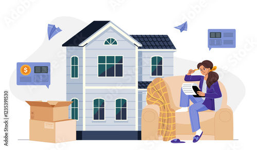 Woman with loader service. Young girl sits near house and cardboard boxes. Relocation and immigration. Woman arrives to new apartment with things. Flat vector illustration