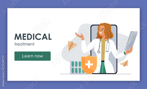 Medical treatment online poster. Woman in medical uniform with stethoscope near pills. Healthcare and medicine. Online pharmacy store. Landing page. Flat vector illustration