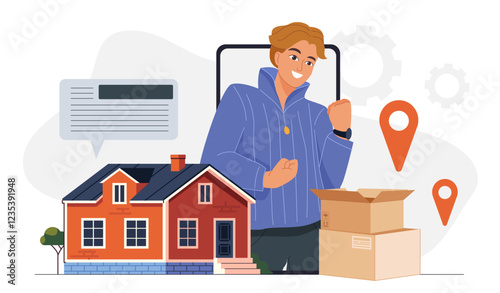 Man in new home. Young guy near house and cardboard boxes. Happy man bought real estate and private property. Relocation and migration. House and cottage. Flat vector illustration