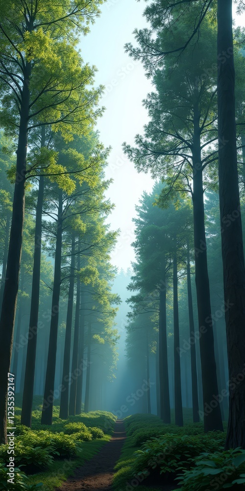 Fototapeta premium A serene forest scene with towering trees and a misty atmosphere