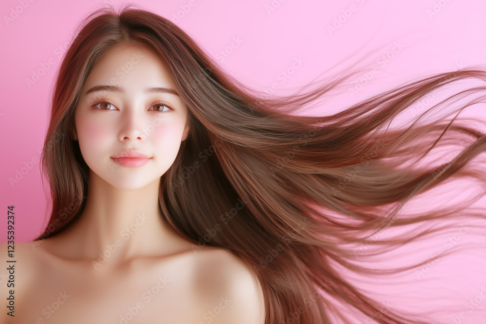 風になびくシルキーなロングヘアと透明感あふれる美しい女性 風になびくシルキーなロングヘアと透明感あふれる美しい女性