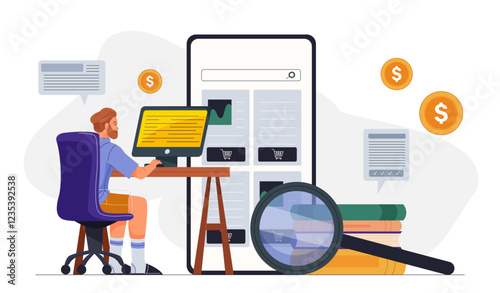 Online shopping man. Young guy at computer selects goods. Cashless transfers, payment and transactions on Internet. Electronic commerce and marketing. Flat vector illustration