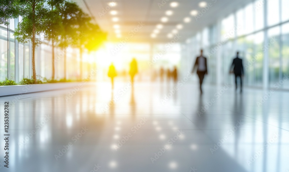Fototapeta premium Blurred people walking in bright modern office hallway with trees and sunlight