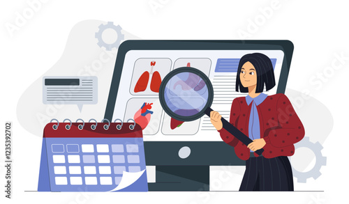 Woman studying organ. Young girl with magnifying glass studies heart, liver and lungs. Healthcare and medicine. Education, learning and training. Flat vector illustration