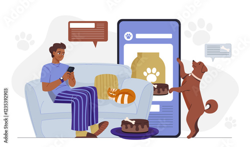 Pet services online. Man with smartphone buys food for his dog on Internet. Online shopping with home delivery. Cashless transfers and transactions. Flat vector illustration