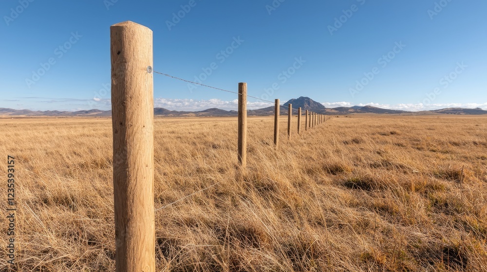Fototapeta premium Wooden fence posts stretch across a dry grassy field under a clear blue sky in a rural landscape.