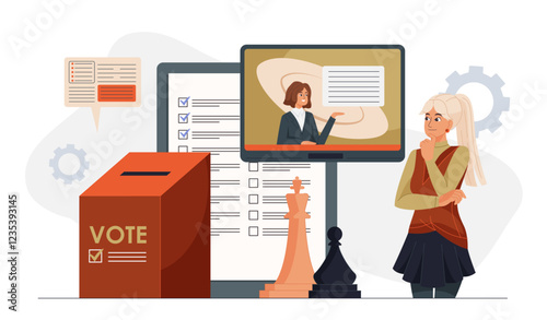 Political analyst woman. Girl watches speech of political candidate near ballot box. Specialist evaluates political institutions. Democracy and freedom of speech and choice. Flat vector illustration