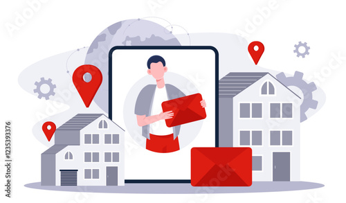 Postman profession online. Man with red envelope in hands. Mailing services and postal delivery. Friendly or business correspondence. Postage worker. Flat vector illustration