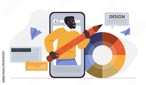 Professional designing content. Man with pencil on smartphone screen. Graphic designer and freelancer selecting color from palette. Creating website elements. Flat vector illustration
