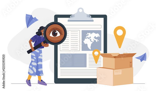 Raw material supply. Woman with magnifying glass near cardboard boxes. Import and export of goods. Trade in materials for production. Logistics and shipping. Flat vector illustration