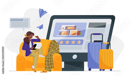 Room reservation online. Young girl with smartphone choose apartment to booking. Mobile application for travelers and tourists. Tourist prepare to trip. Flat vector illustration