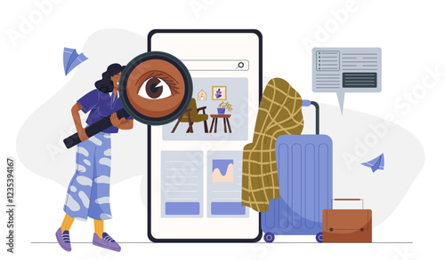 Room reservation online. Woman with magnifying glass choose apartment to booking. Mobile application for travelers. Tourist prepare to travel and vacation. Flat vector illustration