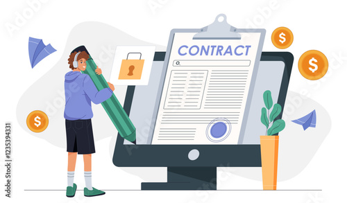 Man signing contract. Young guy with pencil near computer. User puts digital signature on contract. Deals and agreements on internet. Online contract. Flat vector illustration