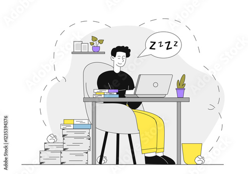 Man sleep at work. Young guy with laptop sleeping at his workplace. Emotional burnout and mental problems. Lazy worker. Depression and frustration, headache. Linear vector illustration