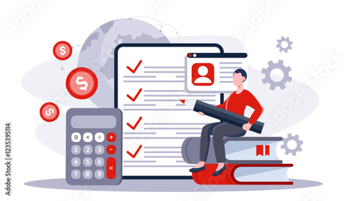 Man with tax. Young guy with pencil near financial documents. Accounting and budgeting. Financial literacy and management. Estimation of expenses and income. Flat vector illustration