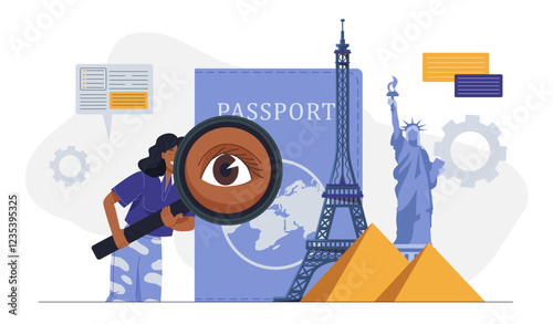 Tourist guide concept. Woman with magnifying glass near foreign passport, pyramids, Eiffel Tower and Statue of Liberty. Travel and tourism. Holiday and vacation. Flat vector illustration