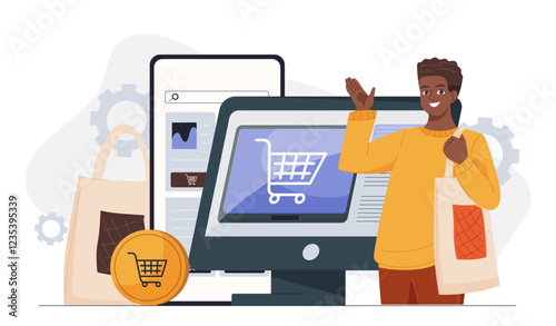 Online shopping woman. Young girl buys goods on internet. Digital money, cashless transfers and transactions. Online shopping with home delivery. Electronic commerce. Flat vector illustration