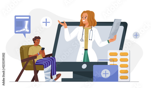 Traumatologist online consultation. Man with broken leg talks to woman in medical uniform on internet. Diagnosis and treatment. Healthcare and medicine. Flat vector illustration