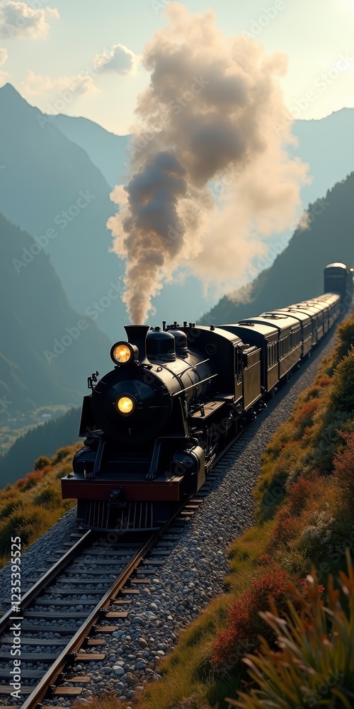Fototapeta premium A majestic steam locomotive chugs along the tracks, its smoke billowing into the sky