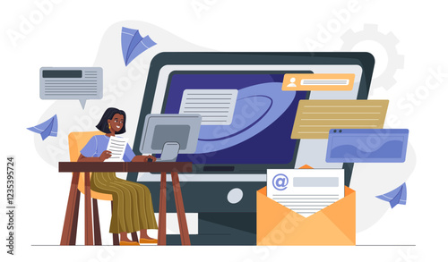 Email marketing woman. Young girl at computer sending electronic mails. Internet promotion, advertising and marketing. Corporate correspondence on Internet. Flat vector illustration