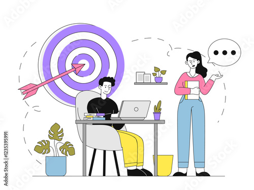 Work goal concept. Woman and man near target with arrow. Productivity and efficiency. Time management, setting tasks, goals and deadlines. Teamwork and collaboration. Linear vector illustration
