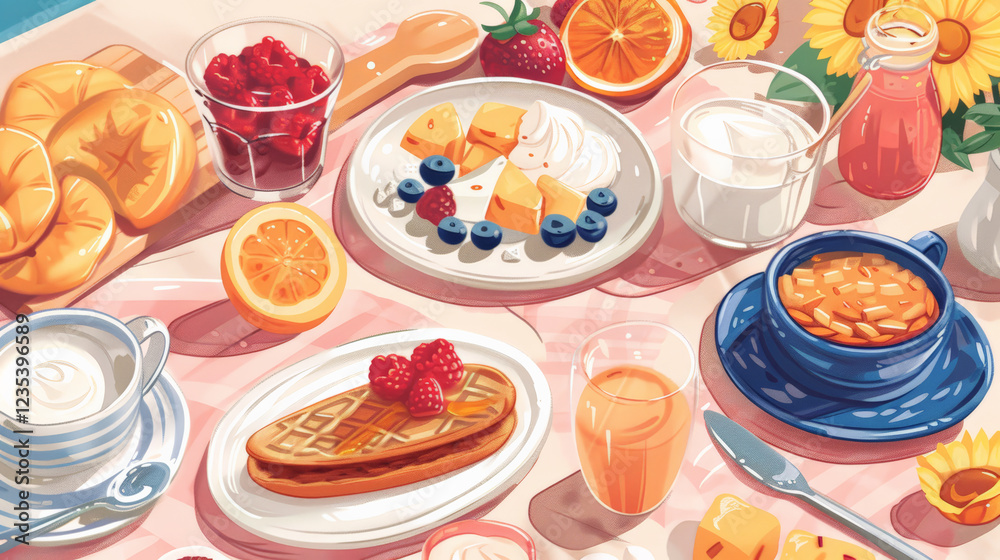 colorful breakfast spread featuring fruits, waffles, and yogurt colorful breakfast spread featuring fruits, waffles, and yogurt