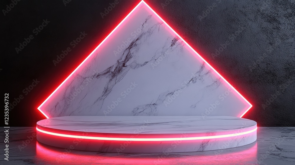 Marble Platform with Neon Red Triangle Backdrop Marble Platform with Neon Red Triangle Backdrop