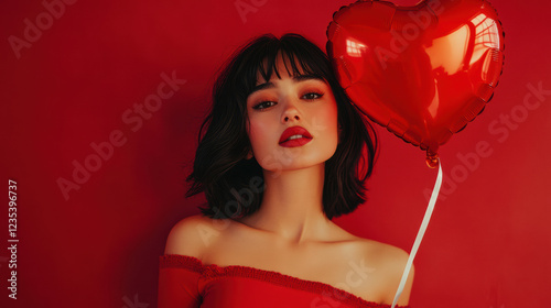 a beautiful woman holding a heart-shaped balloon against a red background. Valentines day concept