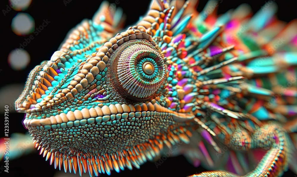 Obraz premium Colorful chameleon close-up on dark background, vibrant, detailed texture, ideal for nature or abstract projects