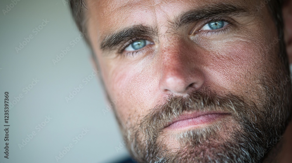 Obraz premium Man, serious expression, close-up portrait, neutral background, profile picture