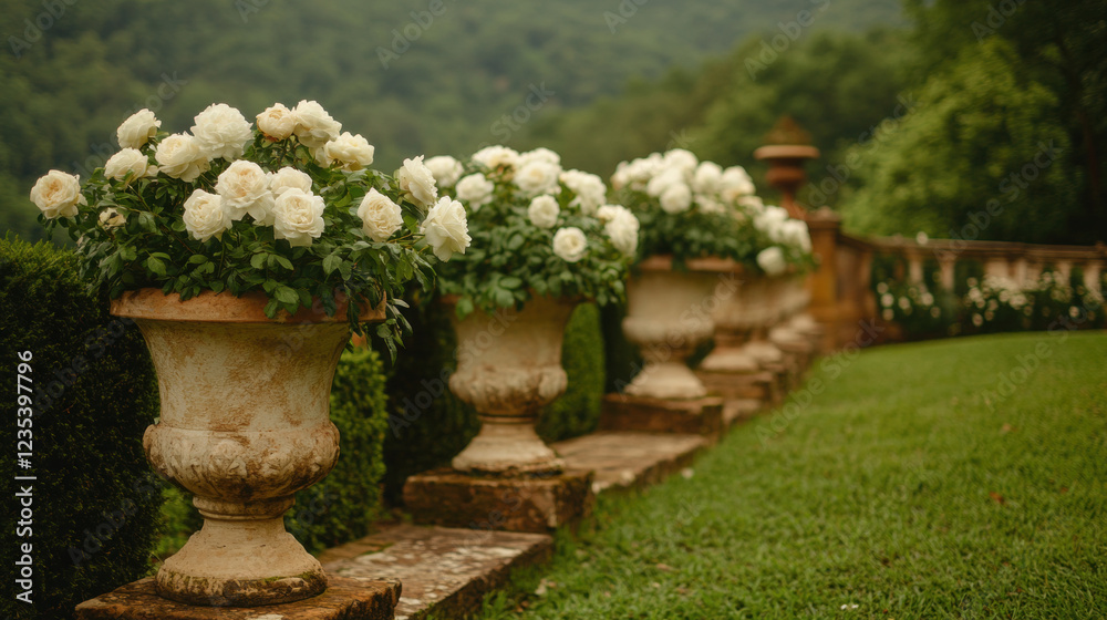 Fototapeta premium Adonis garden, A vibrant garden featuring Adonis flowers surrounding a luxurious villa, captured in high fidelity.