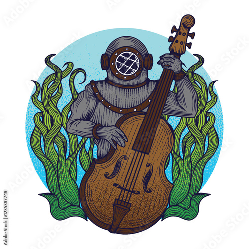 Scuba Diver Playing Vintage Musical Instrument Underwater with Seaweed