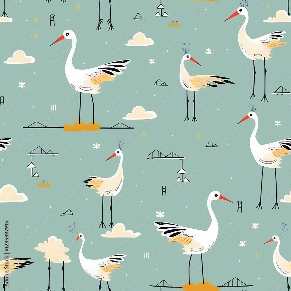Obraz premium A blue and white pattern of birds with long legs and necks