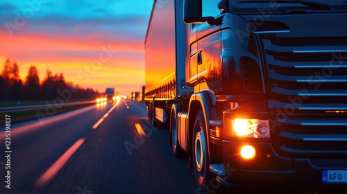 Truck driving highway sunset logistics transport