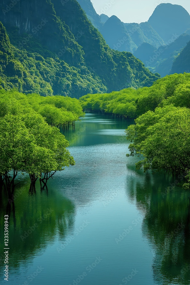 Serene river winding through lush green mountains in daytime landscape Serene river winding through lush green mountains in daytime landscape