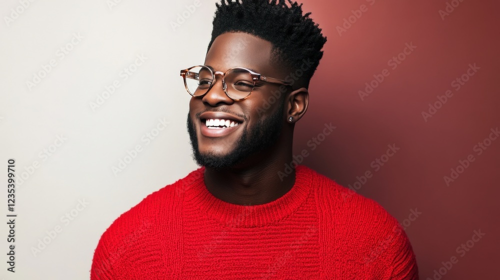 Obraz premium Stylish Young Man Smiling in Bright Red Sweater with Glasses Against Gradient Background