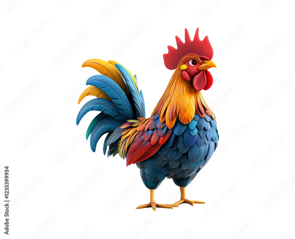 Fototapeta premium Colorful Cartoon Rooster with Feather Details